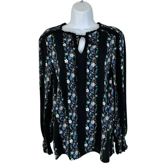 Talbots Women's Size M Dark Floral Striped Smocked Black Blouse - Picture 2 of 9